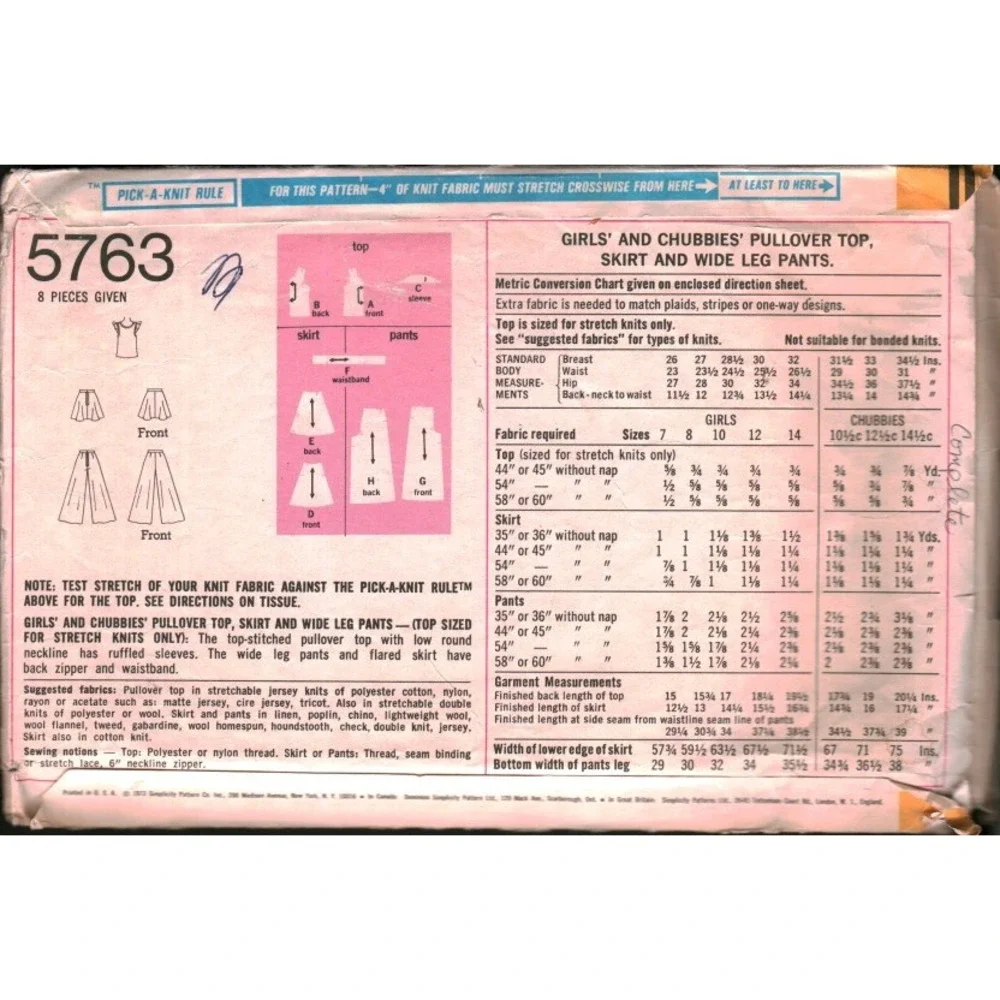 Vintage Simplicity 5763 Girl Top Skirt Wide Leg Pants Sewing Pattern Size 10 CUT